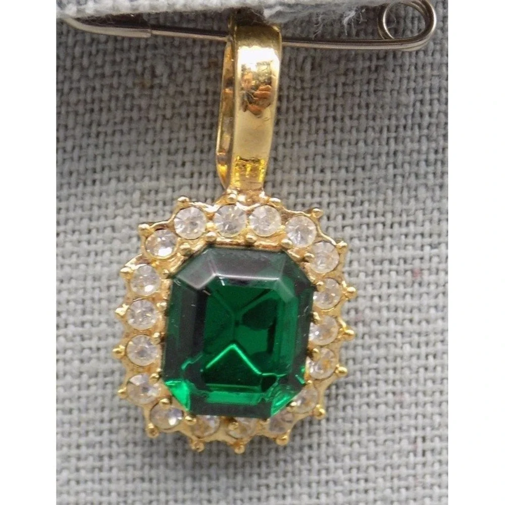 Roman Emerald Green & Clear CZ Signed Pendant & Pierced Earrings Set Rhinestone